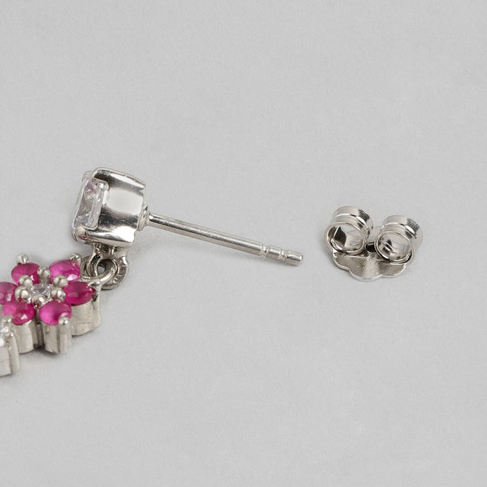 Crimson Blossom 925 Sterling Silver CZ Floral Drop Earrings