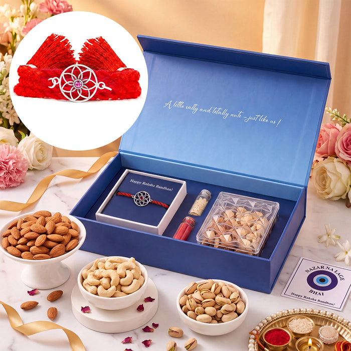 Crimson Lotus Silver Rakhi Dry Fruits Gift Hamper