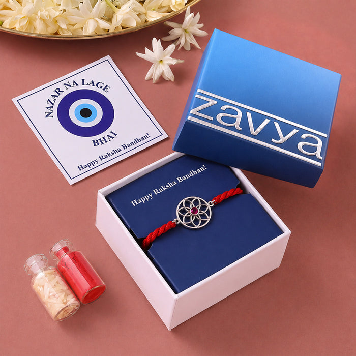 Crimson Lotus Silver Rakhi Dry Fruits Gift Hamper