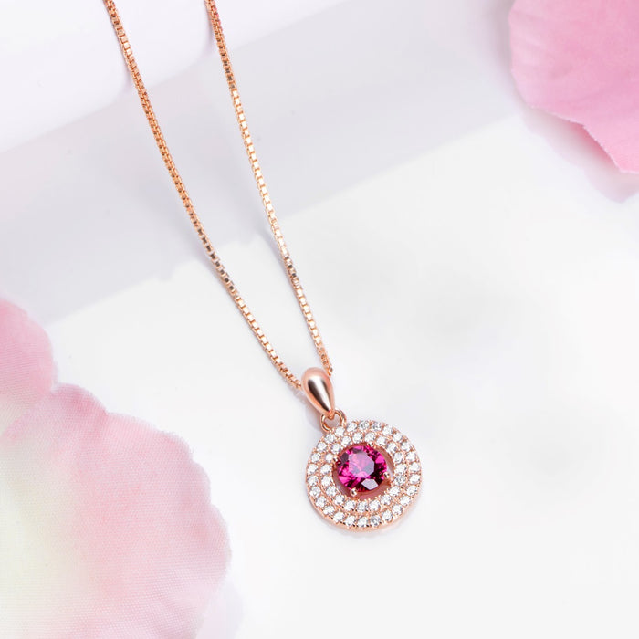 Crimson Radiance Rose Gold-Plated Circle Pendant 925 Sterling Silver Pendant with Chain