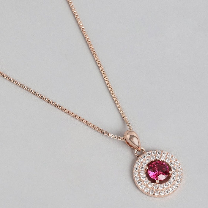 Crimson Radiance Rose Gold-Plated Circle Pendant 925 Sterling Silver Pendant with Chain