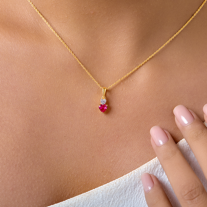Crimson Ruby Heart Amulet Gold Plated 925 Silver Necklace
