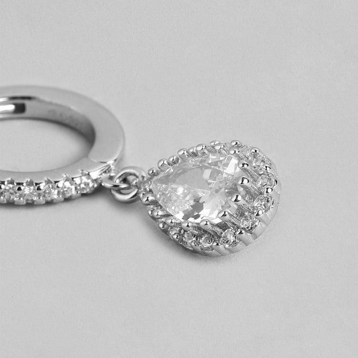 925 Sterling Silver crystal earrings for women featuring a clear teardrop dangle on a studded silver hoop – Zavya
