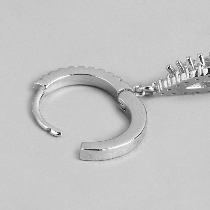 Close-up of a 925 Sterling Silver hoop earring for women, showing the hinge clasp and crystal details – Zavya