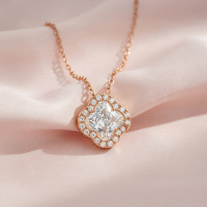 Crystal Halo Clover Rose Gold Plated 925 Silver Necklace