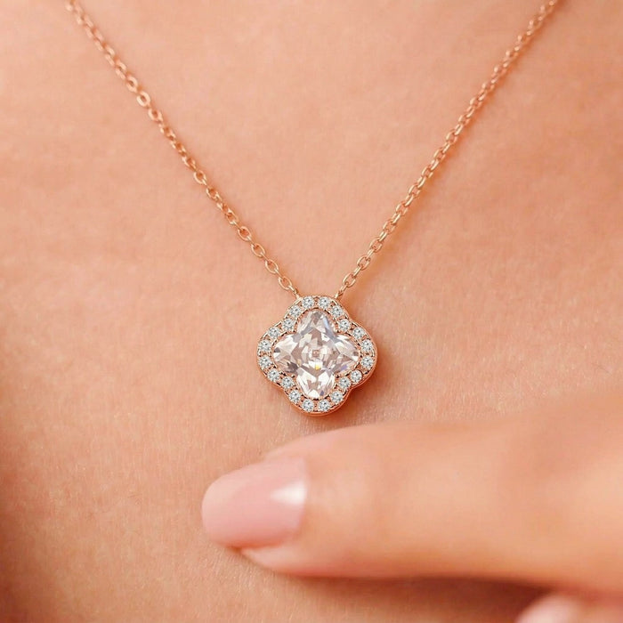 Crystal Halo Clover Rose Gold Plated 925 Silver Necklace