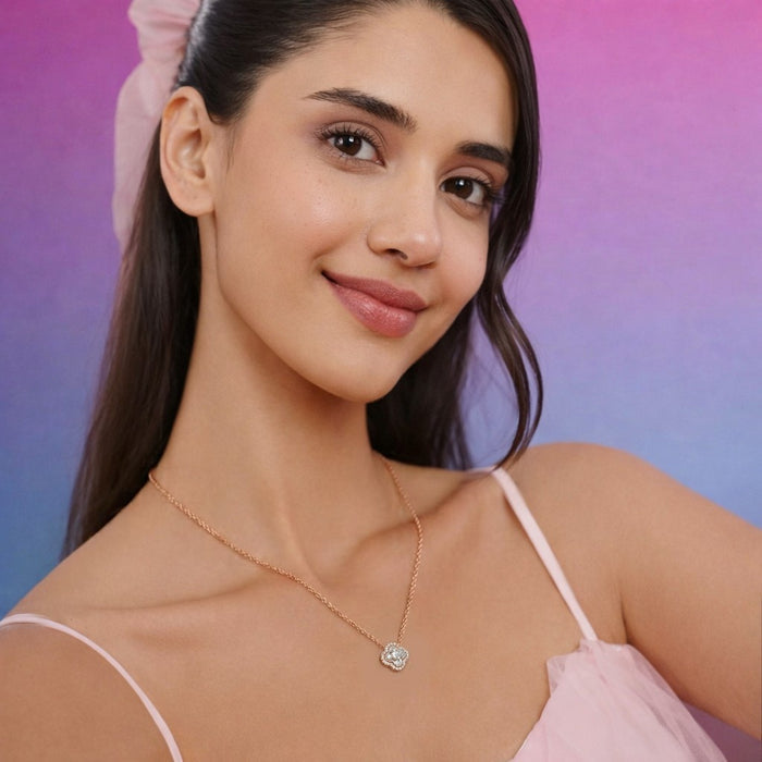 Crystal Halo Clover Rose Gold Plated 925 Silver Necklace
