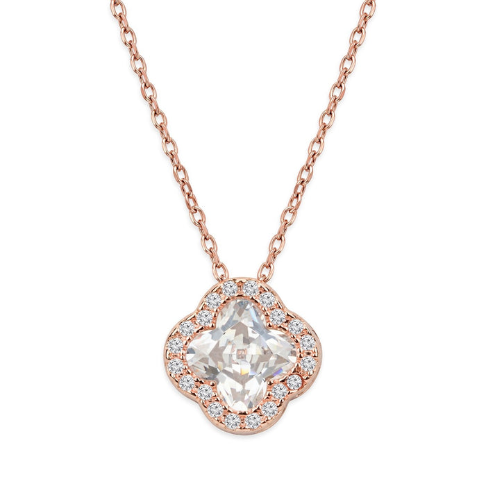 Crystal Halo Clover Rose Gold Plated 925 Silver Necklace