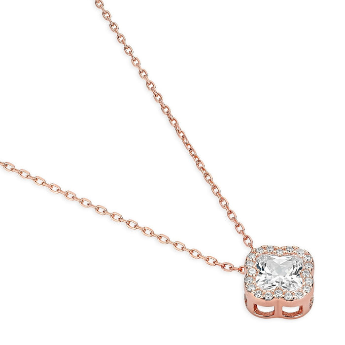 Crystal Halo Clover Rose Gold Plated 925 Silver Necklace