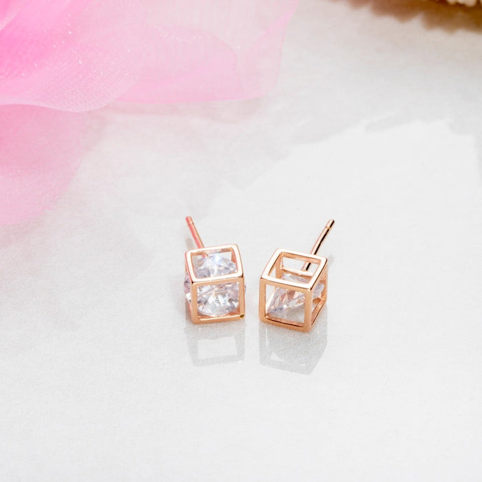 Cube Rose Gold Plated 925 Sterling Silver Stud Earrings
