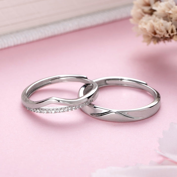 Cubic Zirconia Studded 925 Sterling Silver Lover's Couple Rings (Adjustable)