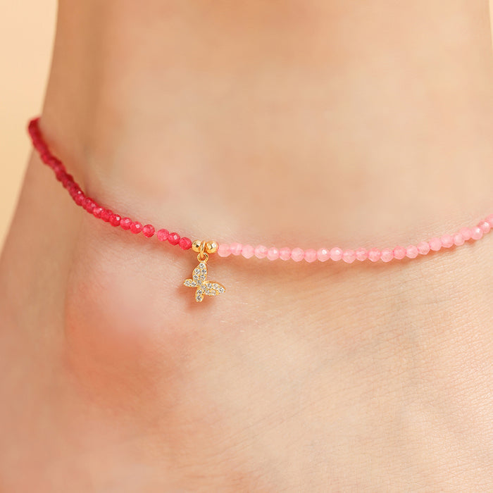 CZ Butterfly Dual-Beads 925 Sterling Silver Anklet