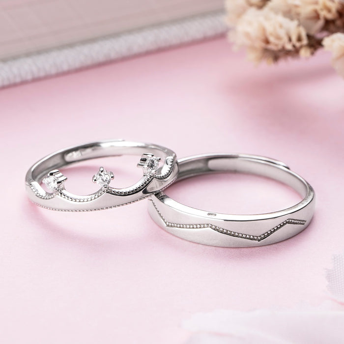 CZ Crown Rhodium Plated 925 Sterling Silver Lover's Couple Rings (Adjustable)