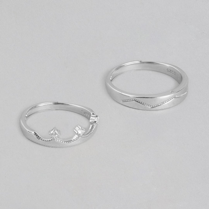 CZ Crown Rhodium Plated 925 Sterling Silver Lover's Couple Rings (Adjustable)