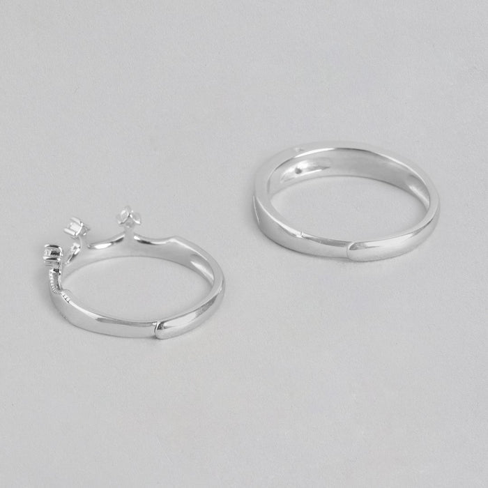 CZ Crown Rhodium Plated 925 Sterling Silver Lover's Couple Rings (Adjustable)