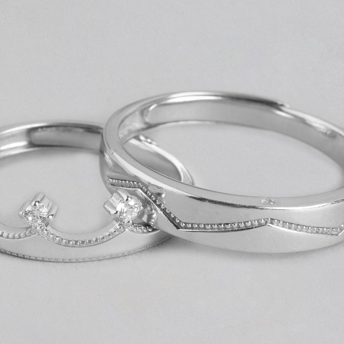 CZ Crown Rhodium Plated 925 Sterling Silver Lover's Couple Rings (Adjustable)