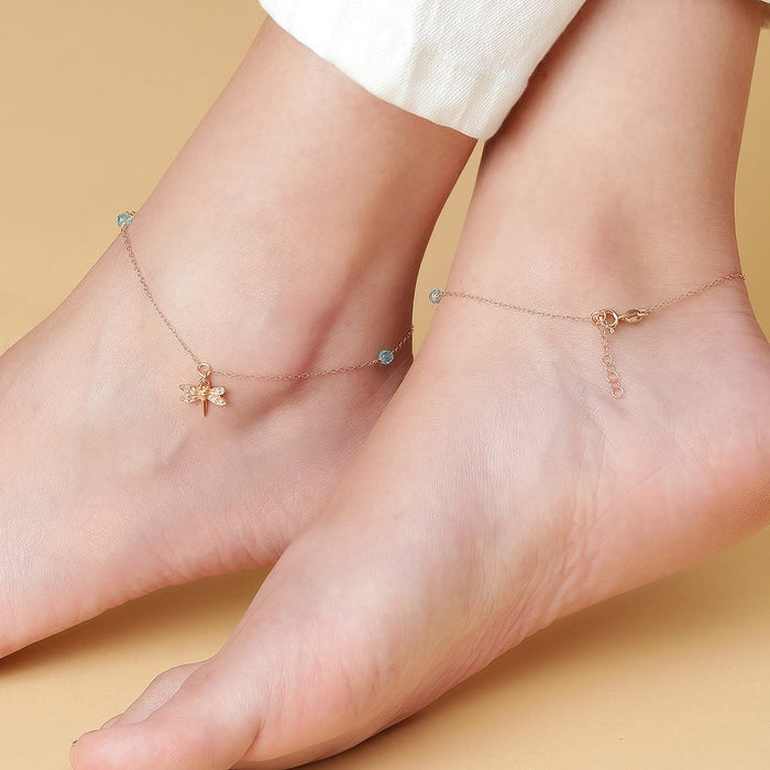 CZ Dragonfly Rose Gold Plated 925 Sterling Silver Anklet