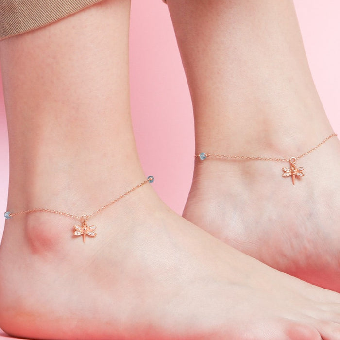 CZ Dragonfly Rose Gold Plated 925 Sterling Silver Anklet