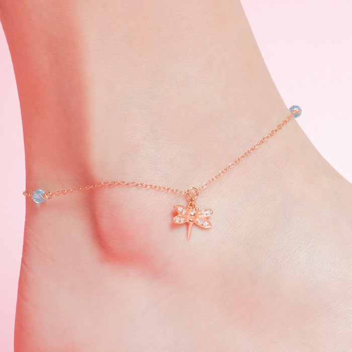 CZ Dragonfly Rose Gold Plated 925 Sterling Silver Anklet