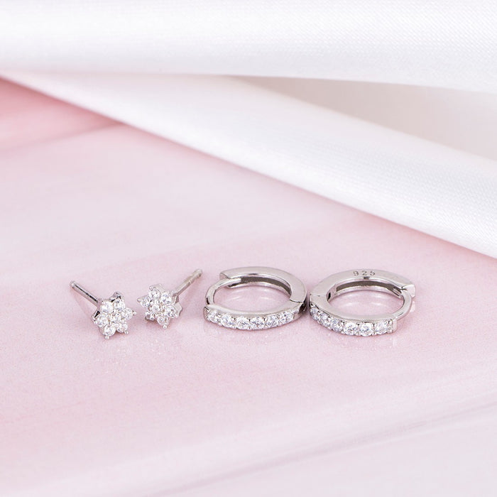 CZ Floral and Hoop Rhodium Plated 925 Sterling Silver Combo
