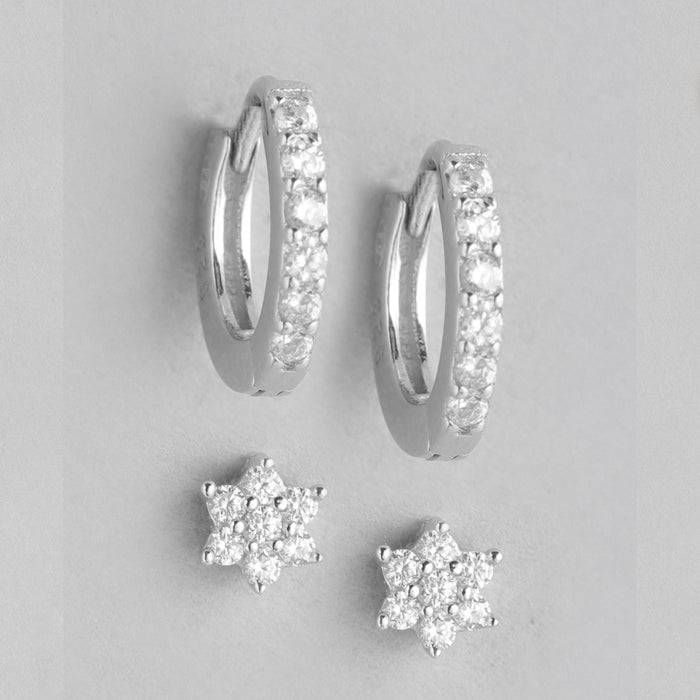 CZ Floral and Hoop Rhodium Plated 925 Sterling Silver Combo