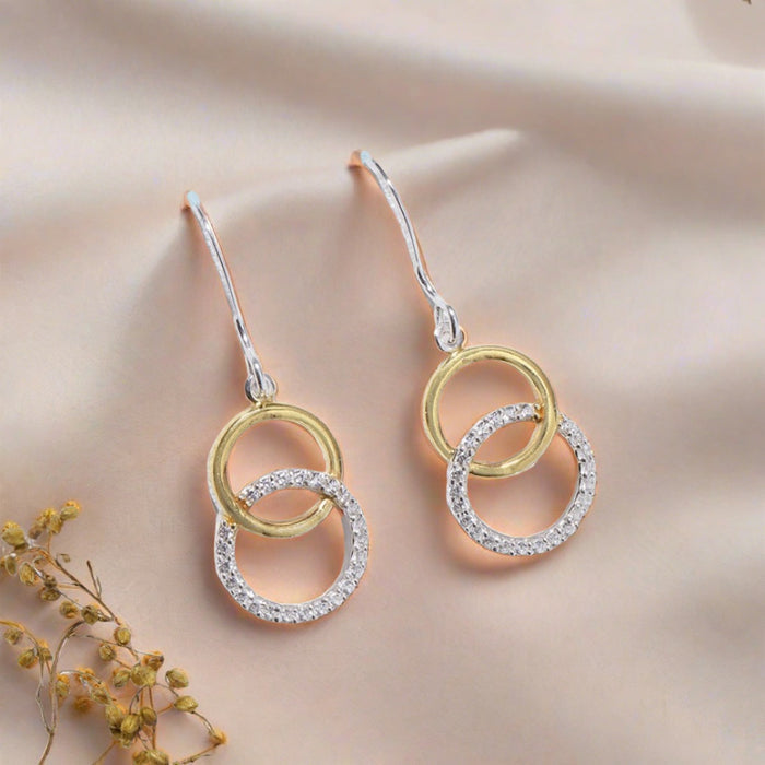CZ Plated Double Circle Dual Plated 925 Sterling Silver Dangle Earrings