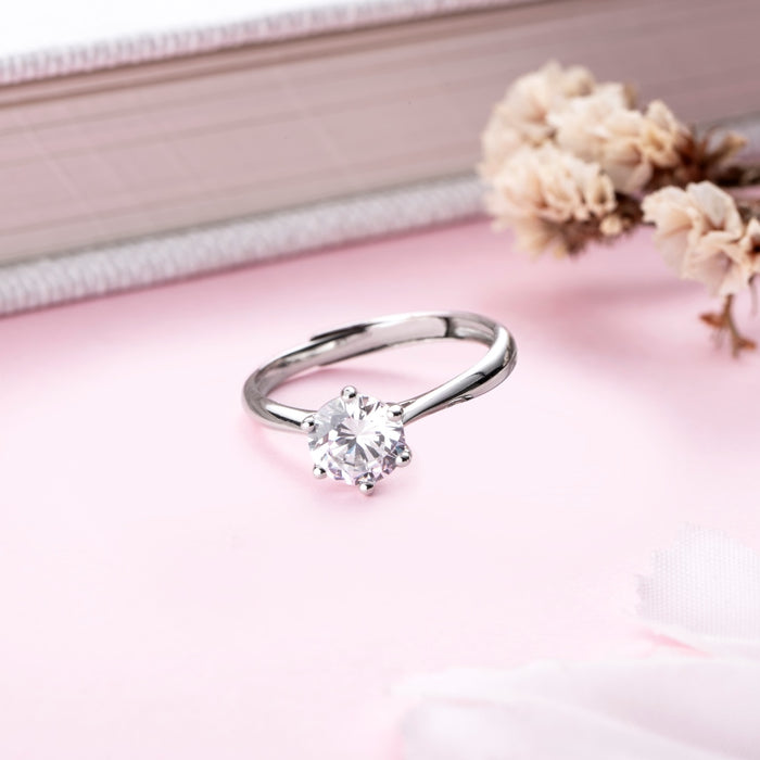 CZ Solitaire Rhodium 925 Sterling Silver Plated Ring (Adjustable)
