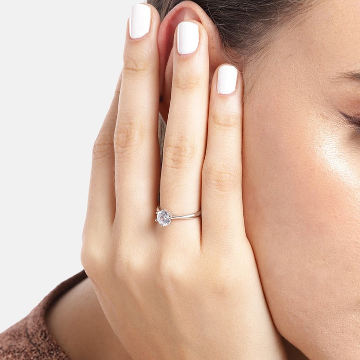 CZ Solitaire Rhodium 925 Sterling Silver Plated Ring (Adjustable)