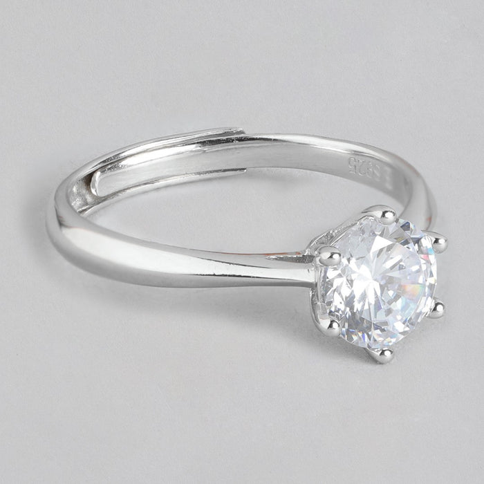 CZ Solitaire Rhodium 925 Sterling Silver Plated Ring (Adjustable)