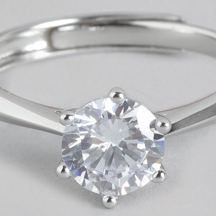 CZ Solitaire Rhodium 925 Sterling Silver Plated Ring (Adjustable)