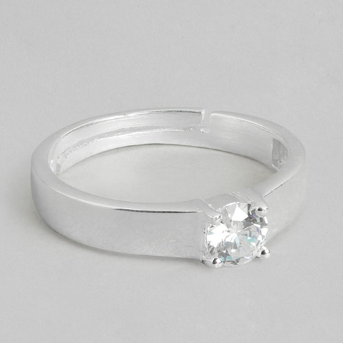 CZ Solitaire Rhodium Plated 925 Sterling Silver Ring for Him (Adjustable)