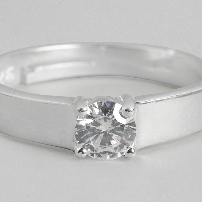 CZ Solitaire Rhodium Plated 925 Sterling Silver Ring for Him (Adjustable)