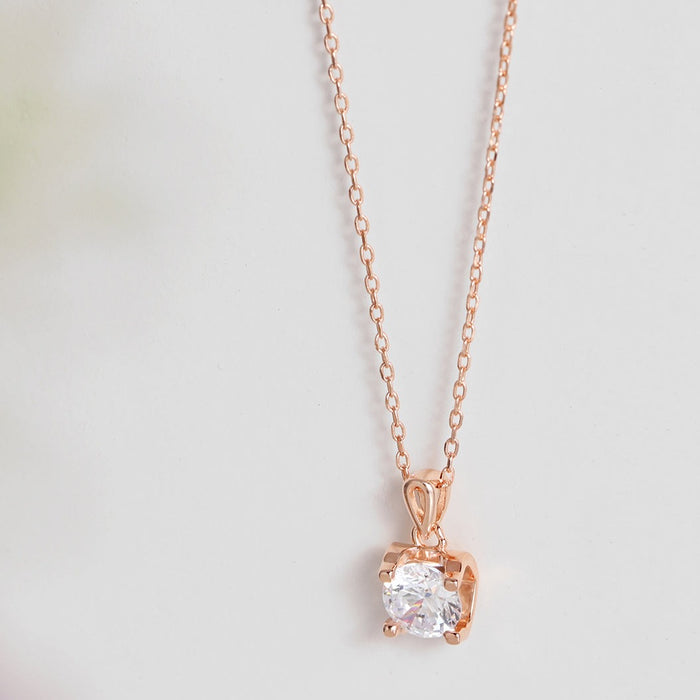 CZ Solitaire Rose Gold Plated 925 Sterling Silver Necklace