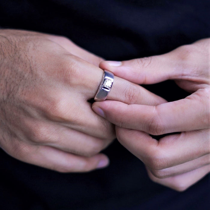 CZ Square Solitaire 925 Sterling Silver Ring for Him (Adjustable)
