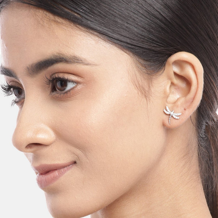 CZ Studded DragonFly Rhodium Plated 925 Sterling Silver Stud Earring
