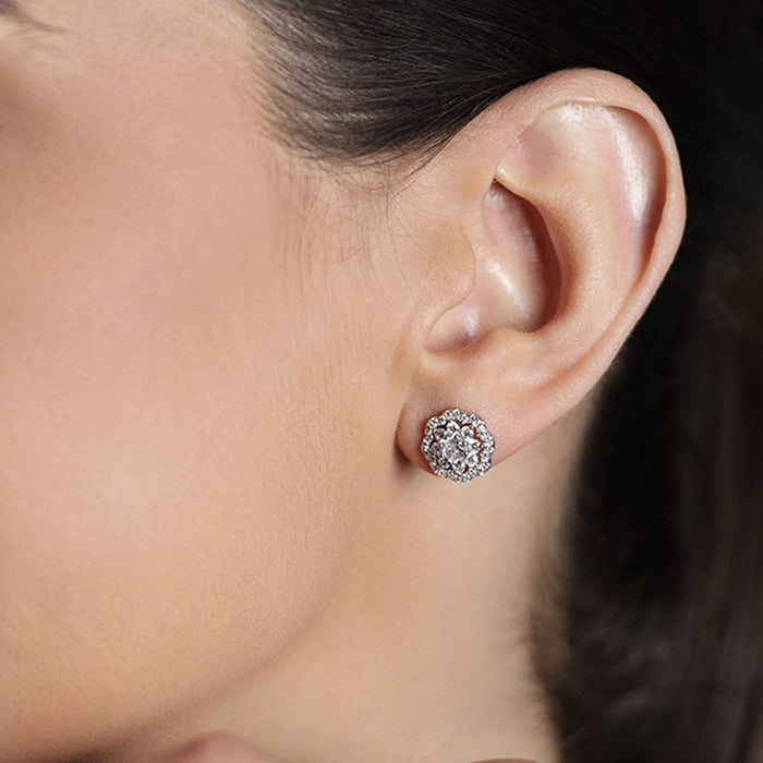CZ Studded Floral 925 Sterling Silver Stud Earrings
