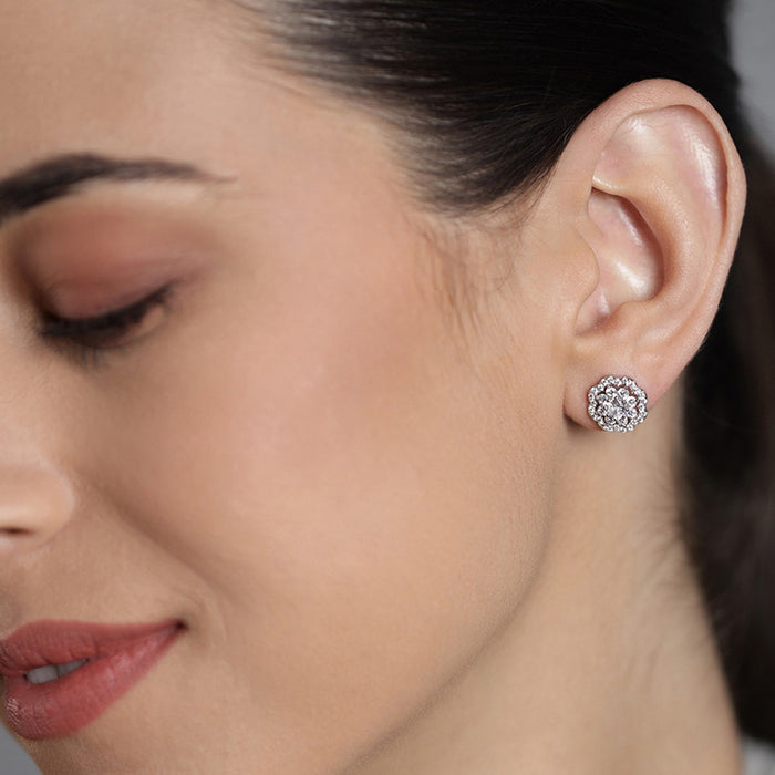 CZ Studded Floral 925 Sterling Silver Stud Earrings