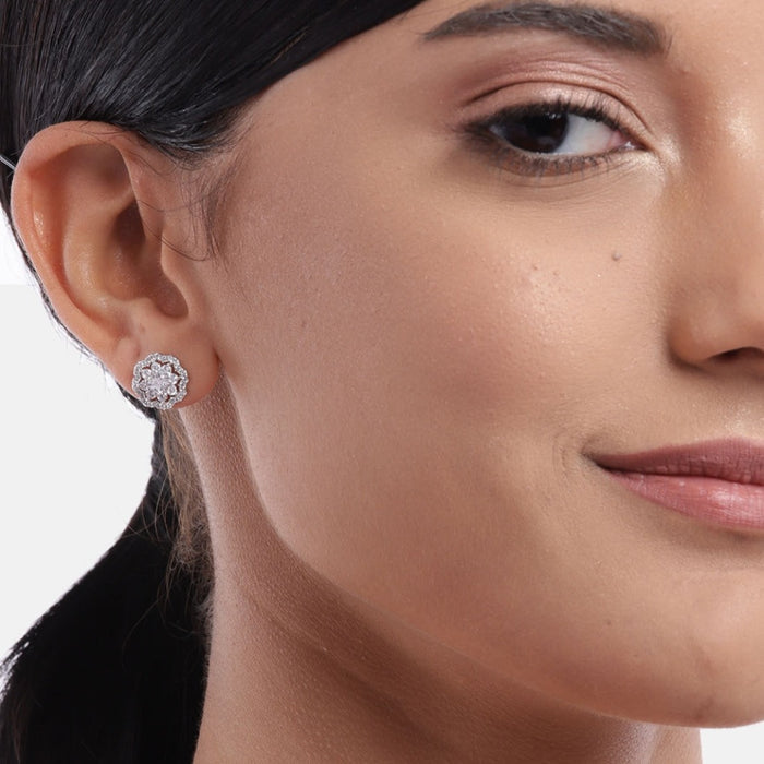 CZ Studded Floral 925 Sterling Silver Stud Earrings