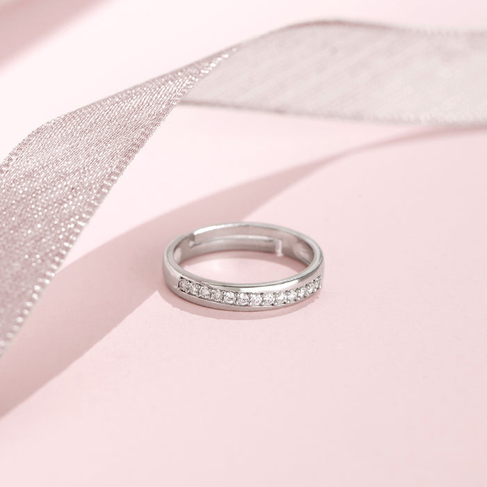 CZ Studded Minimal Rhodium Plated 925 Silver Women Ring (Adjustable)
