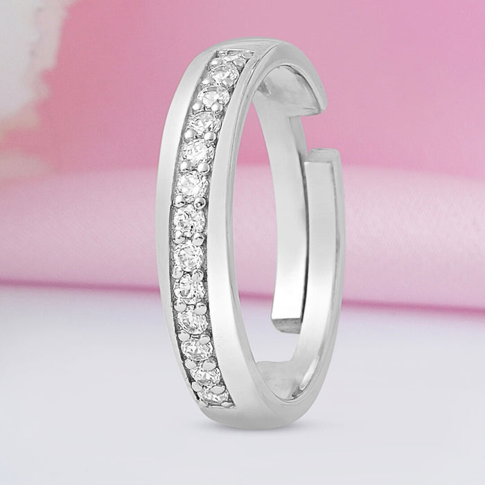CZ Studded Minimal Rhodium Plated 925 Silver Women Ring (Adjustable)