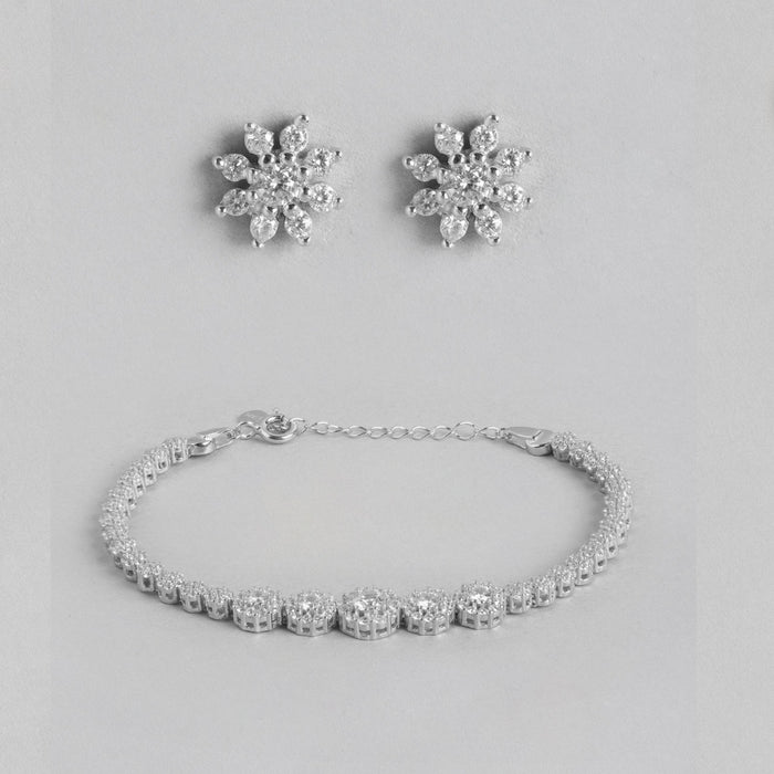 CZ Studded Rhodium Plated Bracelet & Earring Combo