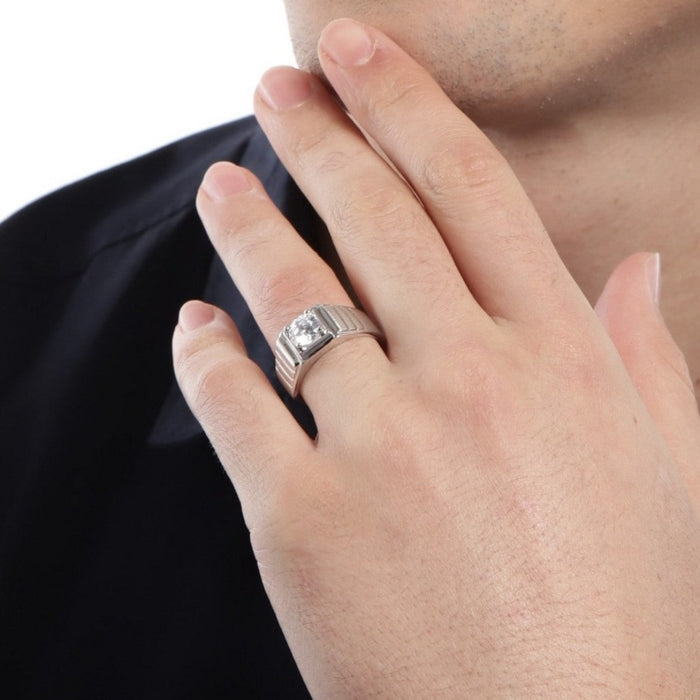 CZ Studded Solitaire 925 Sterling Silver Ring for Him (Adjustable)