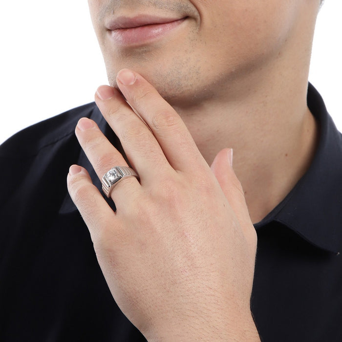 CZ Studded Solitaire 925 Sterling Silver Ring for Him (Adjustable)