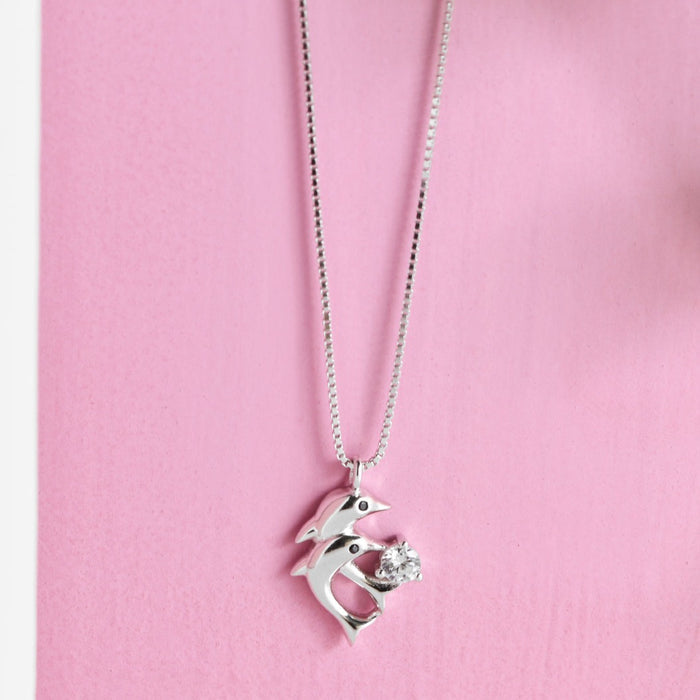 CZ Studded Twin Dolphin 925 Sterling Silver Necklace