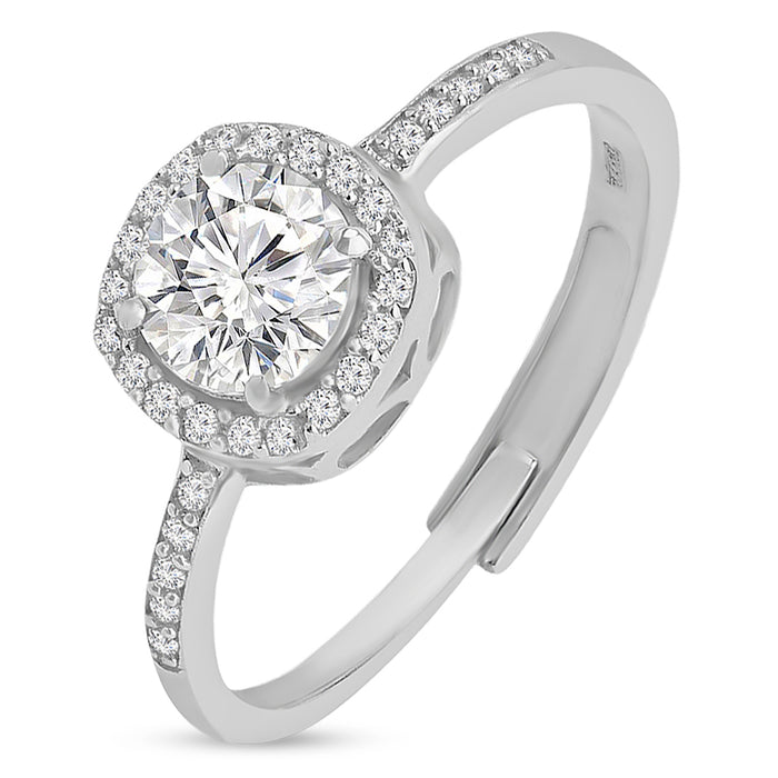 Women's adjustable 925 Sterling Silver ring featuring a round solitaire stone with a crystal halo. – Zavya