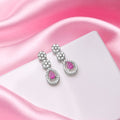 Dazzling Bloom Rhodium-Plated Drop Earrings with Dark Pink and White CZ