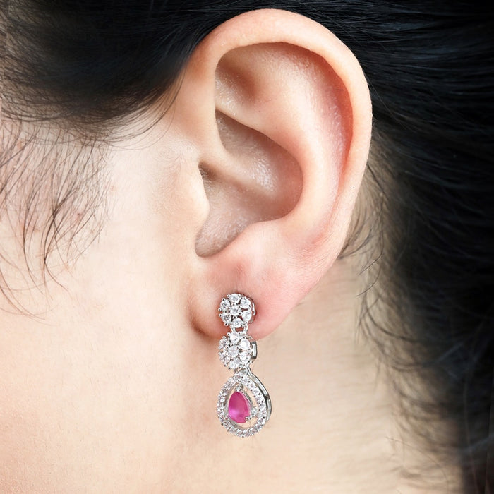 Dazzling Bloom Rhodium-Plated Drop Earrings with Dark Pink and White CZ