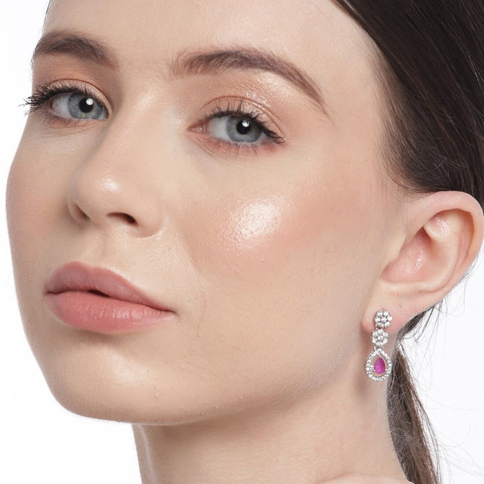 Dazzling Bloom Rhodium-Plated Drop Earrings with Dark Pink and White CZ