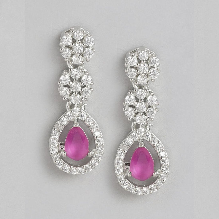 Dazzling Bloom Rhodium-Plated Drop Earrings with Dark Pink and White CZ