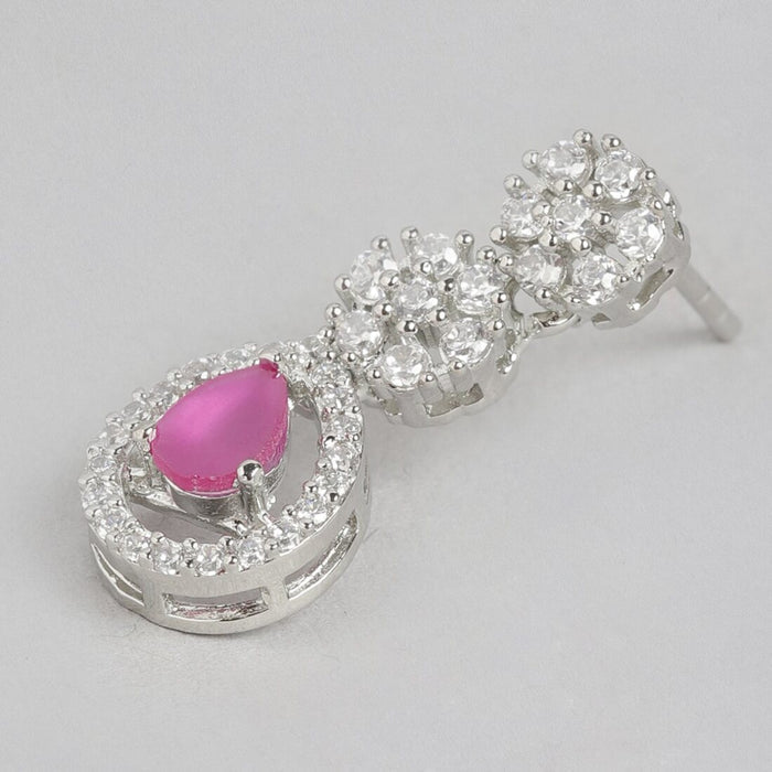 Dazzling Bloom Rhodium-Plated Drop Earrings with Dark Pink and White CZ